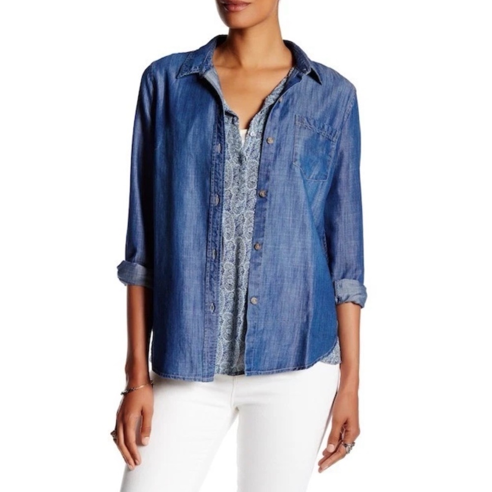 Lucky Brand Button Down Shirt blue denim chambray split back long sleeves